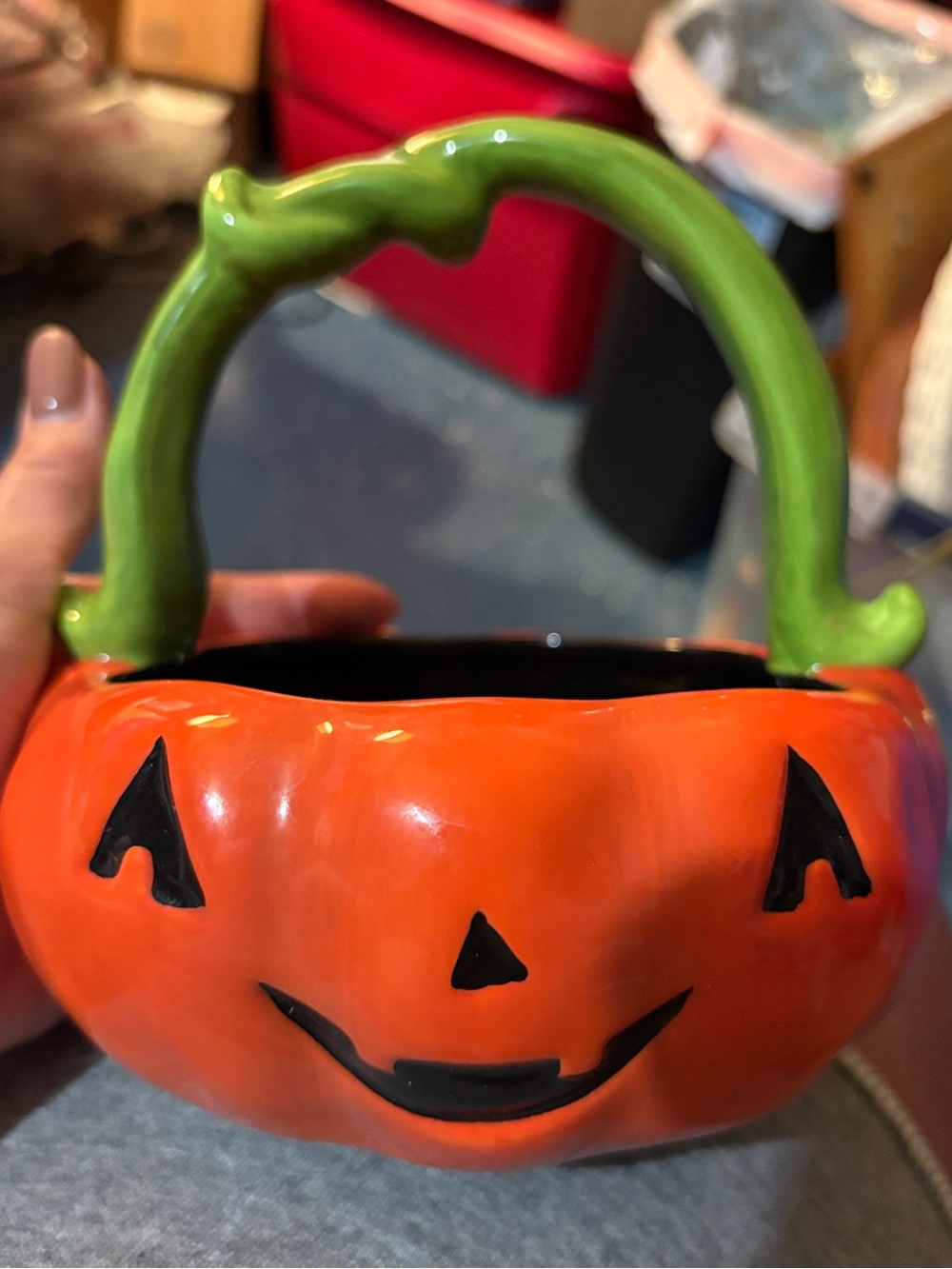 Green-Handled Orange Ceramic Pumpkin Candy Bowl - Home Accents